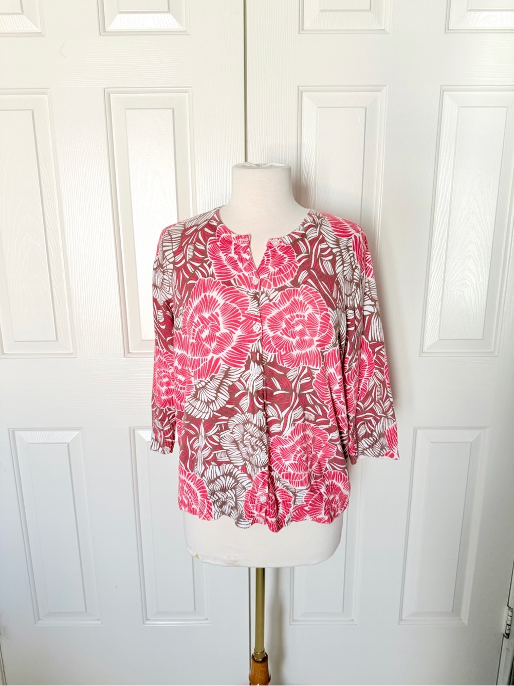 croft & barrow Pink and Brown Floral Split-Neck Blouse